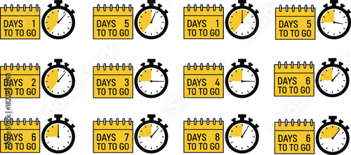 Countdown icons, calendar days to go, time reminder graphics, deadline countdown illustration, schedule planning symbols, timer and date notification elements