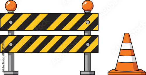 Construction barrier and traffic cone illustration, safety equipment, roadblock warning sign, caution symbol, hazard alert graphic for work zone and road safety