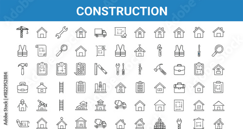Construction icons, building tools, safety equipment, crane, truck, helmet, drill, hammer, blueprint, checklist, scaffolding, house, site, engineer, architecture