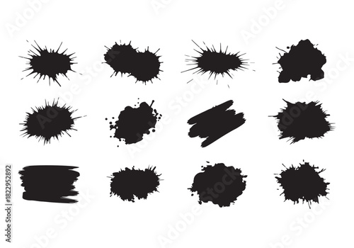 Set different black splash, collection brush strokes Vector Silhouette