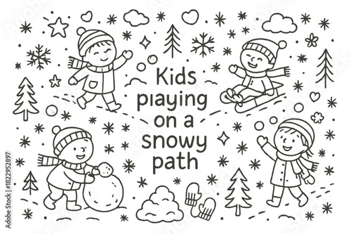 Kids Snowy Adventure. Kids playing on a snowy path. Hand-drawn doodle illustration of Kids playing on a snowy