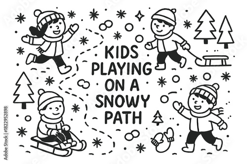 Kids Snowy Adventure. Kids playing on a snowy path. Hand-drawn doodle illustration of kids playing on a snowy