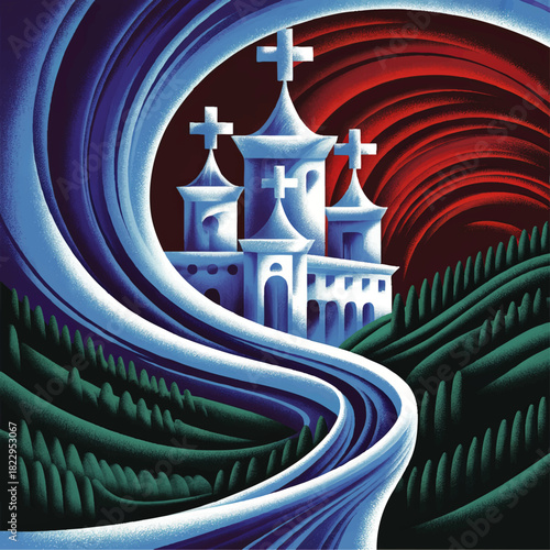 Surreal blue church castle on winding road in abstract green hills, modern religious landscape illustration with dramatic red sky
