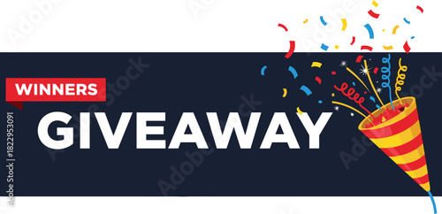 Colorful giveaway winners banner with confetti, celebration background, festive party popper illustration, promotional announcement design for contests and rewards
