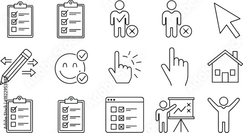 Checklist and selection icons set for tasks, approval, decision making, user interface, voting options, survey forms, home, pointer, outline style