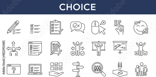 Choice icons collection illustrating decision making, checklist options, voting selection, business choices, strategic planning, user interface elements, minimal modern line style symbols