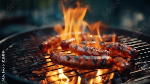 Sizzling sausages brown on a hot grill as orange flames lick the metal grates, juices popping hotly
