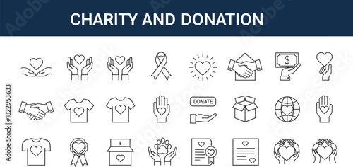 Charity icons, donation symbols, heart hands, nonprofit support, fundraising vector, volunteer help, awareness ribbon, giving, kindness, hope, care, community aid, global outreach
