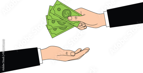 Business transaction concept, hand giving cash, financial exchange, payment process, money transfer between people, economic deal, commercial agreement illustration