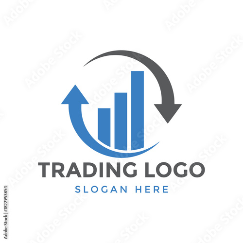 Free Download Trading logo with a bar chart and arrows indicating market fluctuations, growth, and decline, isolated on white background - GFXLoad