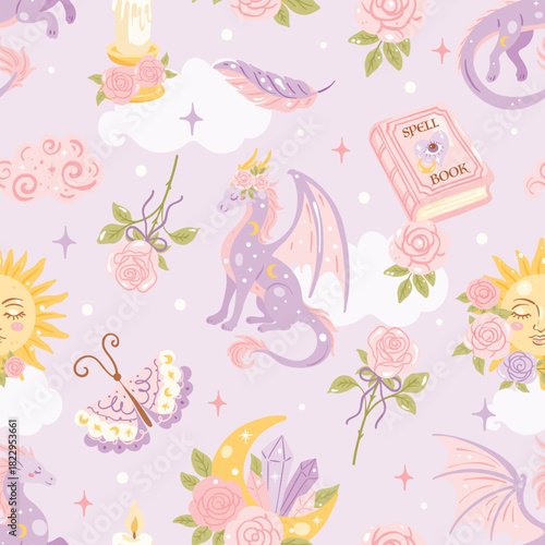 Cute Pastel Dragon Seamless Pattern Magical Fantasy Roses Moon Sun Book