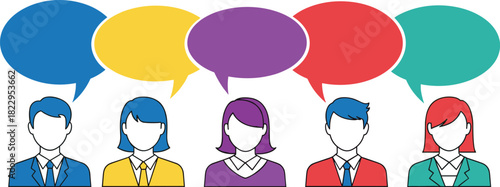Business people communication illustration, teamwork discussion concept, colourful speech bubbles, collaboration, corporate conversation, dialogue exchange, office communication graphic