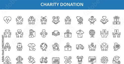 Charity donation icons set for fundraising, nonprofit support, humanitarian help, global giving, volunteer aid, philanthropy services, medical assistance, and community care