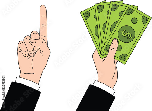 Business hand pointing upward and hand holding money, financial success concept, investment symbol, earning cash illustration, economic growth graphic