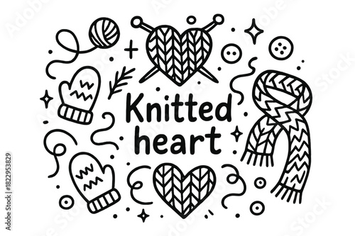 Knitted Heart Doodle. Knitted heart. Hand-drawn doodle illustration of knitted heart. Yarn ball, heart,