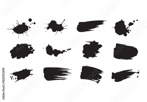 Set different black splash, collection brush strokes Vector Silhouette