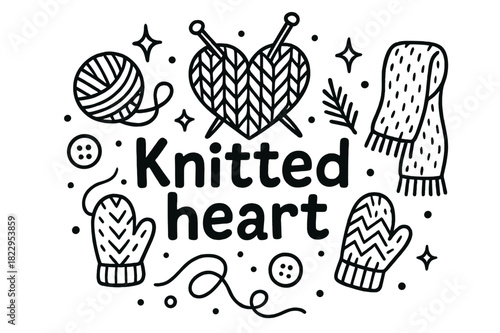 Knitted Heart Doodle. Knitted heart. Hand-drawn doodle illustration of knitted heart. Yarn ball, heart,