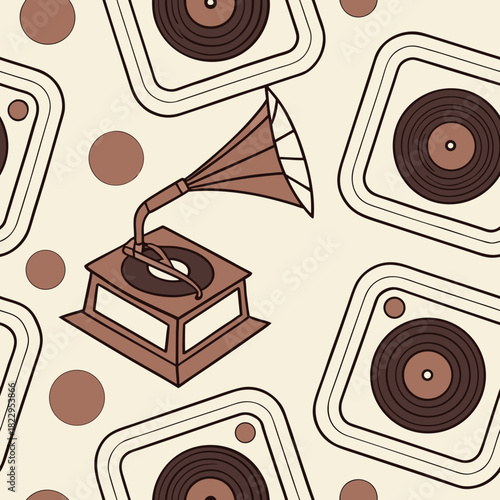 Seamless pattern featuring a vintage gramophone, classic vinyl records, and abstract brown polka dots on a cream background. Ideal for music, retro, nostalgia, packaging, and textile designs.