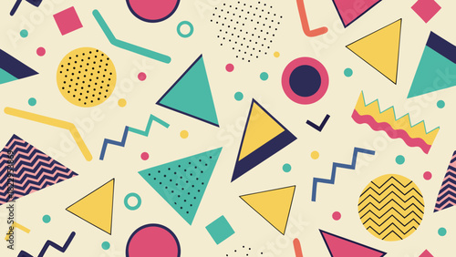 Vibrant seamless pattern with 80s-90s inspired geometric shapes, triangles, circles, and squiggles in pink, yellow, and teal on a cream background. Perfect for retro fashion, backgrounds, and web