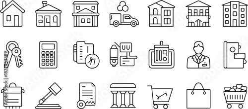 Real Estate and Business Icon Set Thin Line Style