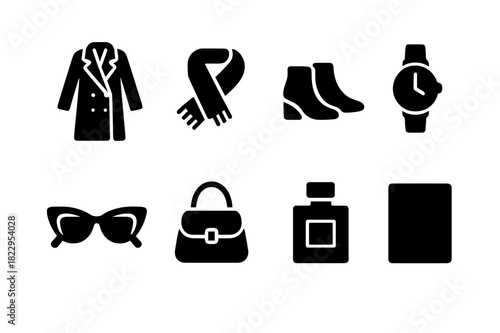 Flat Lay Icons. Flat lay essentials. Filled icon set of flat lay essentials: coat, scarf, boots, watch,