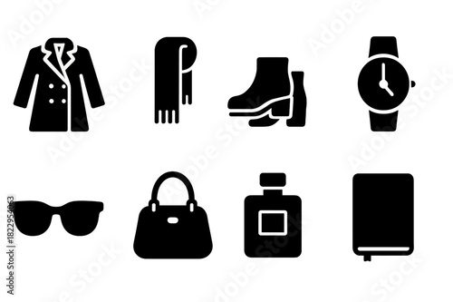 Flat Lay Icons. Flat lay essentials. Filled icon set of flat lay essentials: coat, scarf, boots, watch,