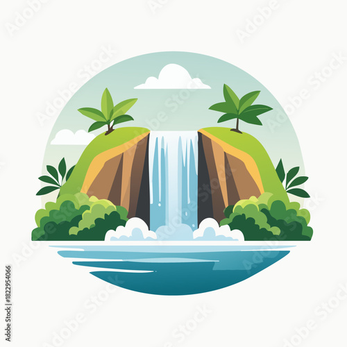 Beautiful Waterfall Cascading Down Lush Green Cliffs into a Serene Blue Lake.