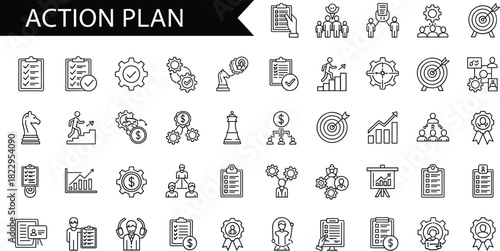 Action plan icons set featuring strategy, goals, planning, teamwork, productivity, workflow, target achievement, business management, optimization, and performance improvement elements