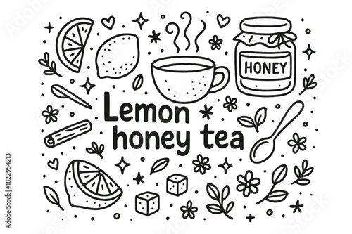 Lemon Honey Tea Doodle. Lemon honey tea. Hand-drawn doodle illustration of Lemon honey tea. teacup, lemon