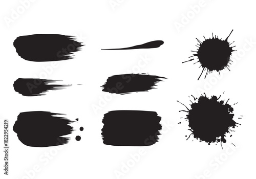 Set different black splash, collection brush strokes Vector Silhouette