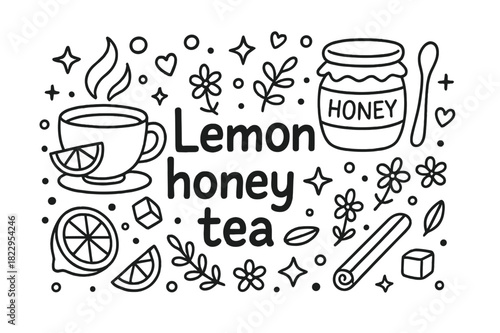 Lemon Honey Tea Doodle. Lemon honey tea. Hand-drawn doodle illustration of Lemon honey tea. teacup, lemon