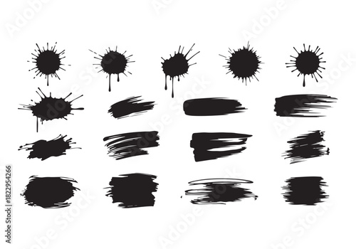 Set different black splash, collection brush strokes Vector Silhouette