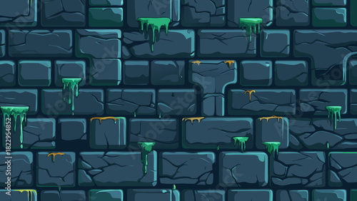 Seamless pixel art stone wall texture, featuring dark, damp, castle dungeon blocks dripping with green slime and orange residue. Ideal for game backgrounds, fantasy, or horror themes.