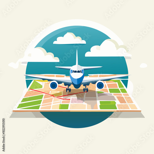 Airplane on a Runway with Map and Clouds, Travel and Transportation Concept.