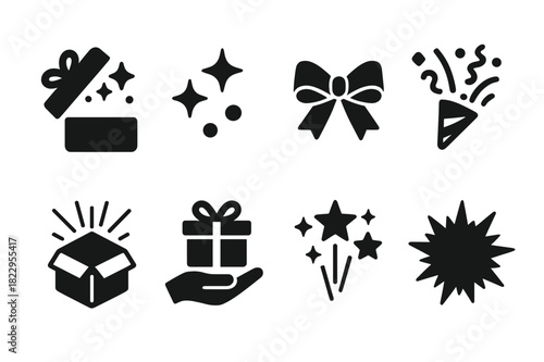 Magic Unboxing Icons. Magic unboxing. Filled icon set of magic unboxing: open gift, sparkles, ribbon bow,