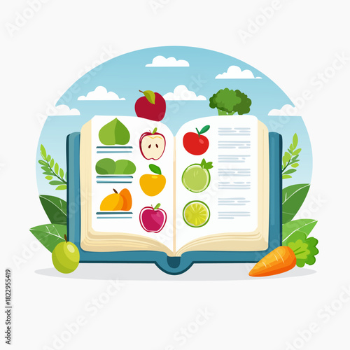 An open illustrated book showing various fruits and vegetables.