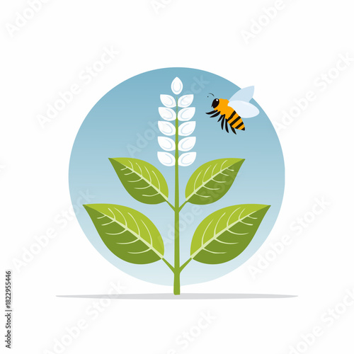 Bee Pollinating Plant Illustration in Circle Frame.