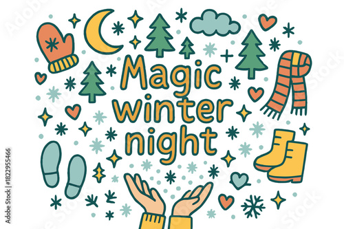 Magic Winter Scene. Magic winter night. Hand-drawn doodle illustration of magic winter night. Hands held under