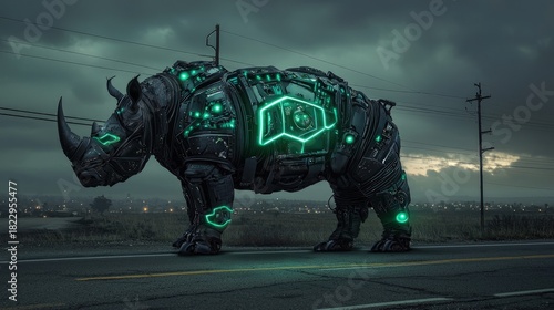 Futuristic rhino with glowing armor stands on a road.