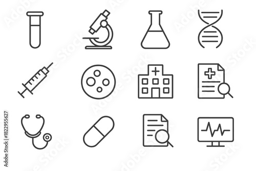 Medical Lab Icons. Medical lab essentials. Line outline icon set of medical lab essentials: test tube,