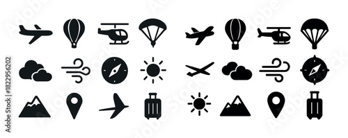 Travel icons: airplane, hot air balloon, helicopter, parachute, compass, sun, mountain, clouds, luggage