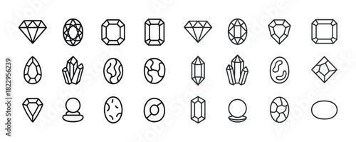 Outline icons of various gem and crystal shapes in linear style