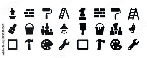 Home renovation icons: tools, construction, family, paint, design