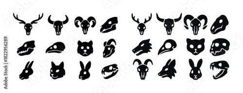 Silhouettes of various animal skulls and cartoon heads in black on white background