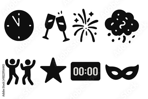 Midnight Celebration Icons. Midnight celebration. Filled icon set of midnight celebration: clock at twelve,