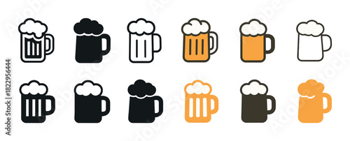 Set of twelve beer mug icons with foam in various colors