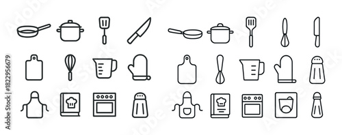 Outline icons of kitchen utensils and appliances in minimalist style