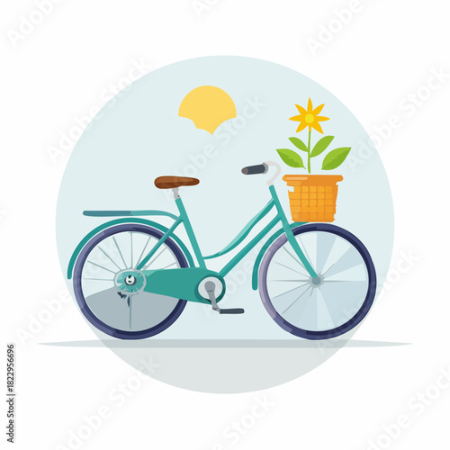 Bicycle with a flower pot in the basket, representing eco-friendly transportation and nature.
