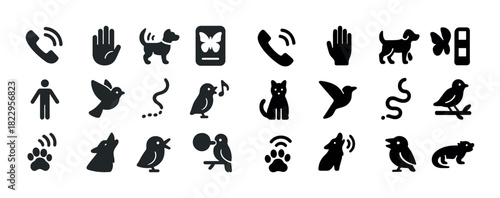 Set of animal and communication icons in black silhouette
