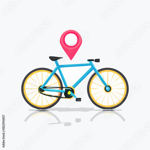 Bicycle with Location Pin Icon on White Background.